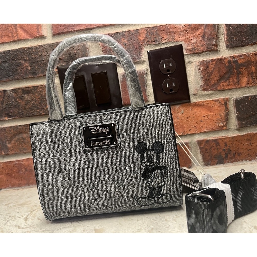 NWT Loungefly Disney Mickey Mouse Gray Denim Convertible Crossbody Handbag Bag